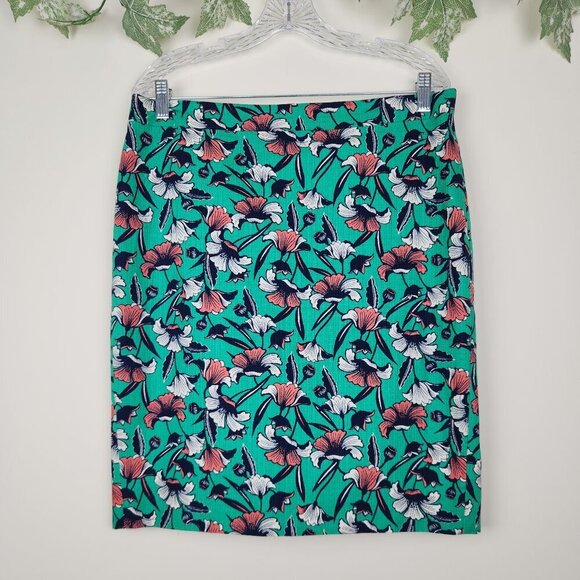 J. Crew Women's Size 10 Green Floral Multi Cotton Back Slit Lined Pencil Skirt - Picture 1 of 5